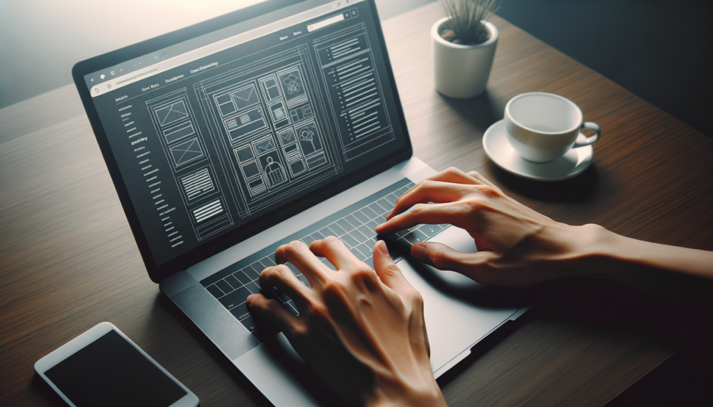 Pls generate a photo of web design agency with a laptop and show a local singaporean hands developing it with laptop showing some wireframe